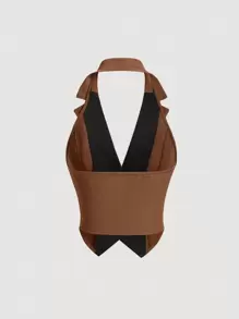 SHEIN MOD Contrast Collar Button Front Halter Neck Waistcoat - Brown - View 2