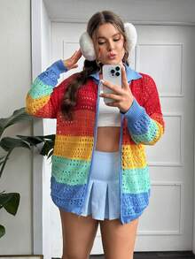 SHEIN EZwear 加色塊落肩挑窿針織開衫 - 彩色 - 查看 5