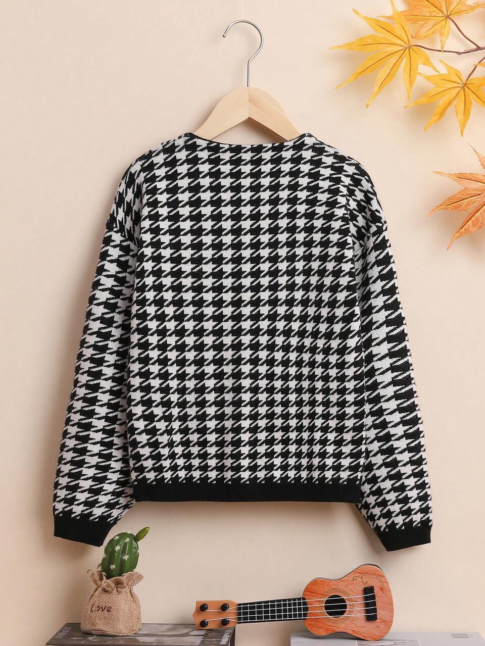 Tween Girl Houndstooth Pattern Cardigan