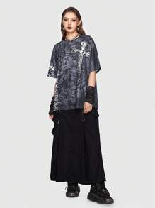 ROMWE Grunge Punk Hình ảnh Skull & chữ cái Áo thun Thả vai - Nhiều màu - Xem 5