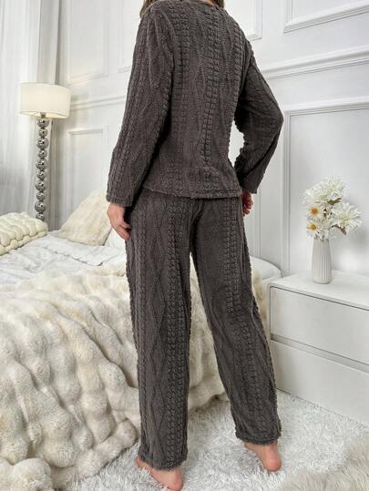 Bear Patched Flannel PJ Set Fluffy Pajama Cozy Elegante s, Fall Clothes view 2