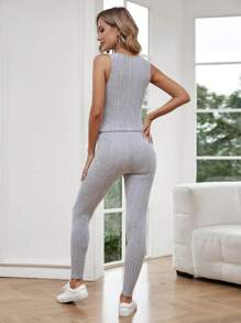 SHEIN LUNE Áo ba lỗ trơn & quần legging & áo khoác hở phía trước - Xám - Xem 2