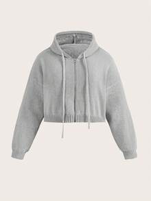 SHEIN BASICS 加落肩抽繩連帽短款開衫 - 淺灰色 - 查看 9