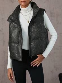 Aveloria Zip Up PU Leather Vest Padded Padded Coat Clothes Winter - Black - View 3