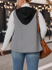 SHEIN LUNE Abrigo tipo chaleco con capucha y estampado de cuadros vichy - Blanco y Negro - Ver 2