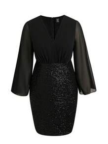 SHEIN Unity 大碼開衩袖亮片緊身連衣裙 - 黑色 - 查看 1