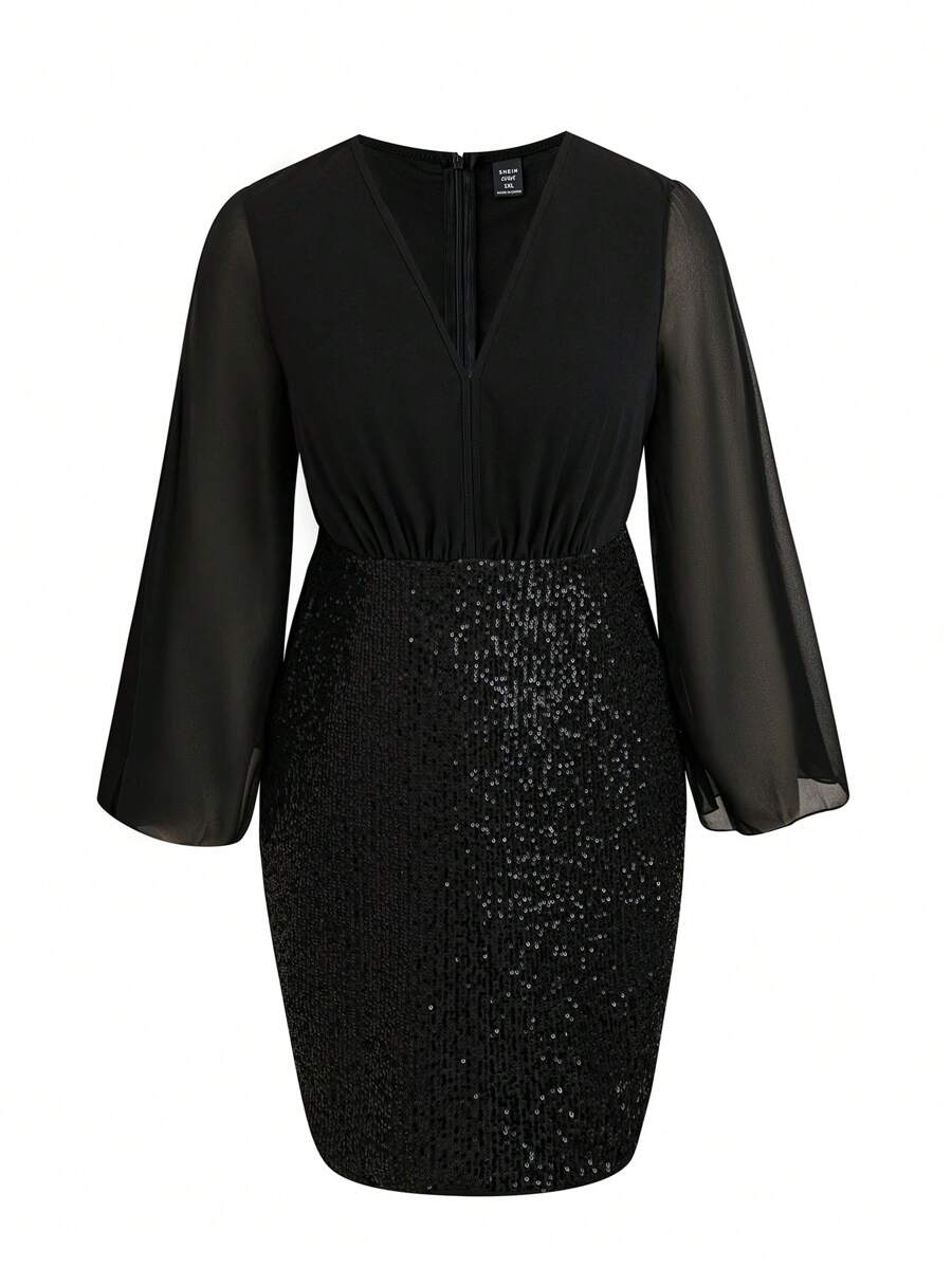 SHEIN Unity 大碼開衩袖亮片緊身連衣裙 - 黑色 - 查看 1