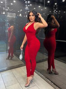 SHEIN SXY 性感纯色露背挂脖连体裤 - 紅色 - 查看 3