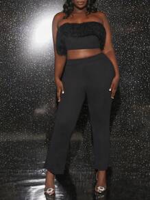 Slaydiva Plus Fuzzy Trim Crop Tube Top & Pants
