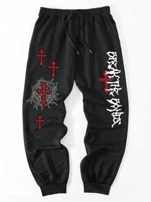 ROMWE MEN Goth Hombres Pantalones deportivos con estampado de letra de cintura con cordón - Negro - Ver 1
