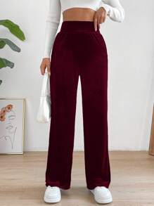 SHEIN Essnce 高腰開衩下擺直筒褲 - 酒紅色 - 查看 4