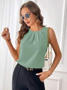 SHEIN Clasi Plicated Detail Keyhole Back Sleeveless Green Blouse - Mint Green - View 5