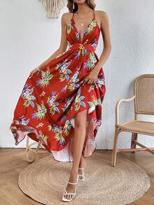 SHEIN VCAY Floral Print Criss Cross Backless Slip Dress - Burgundy - View 4