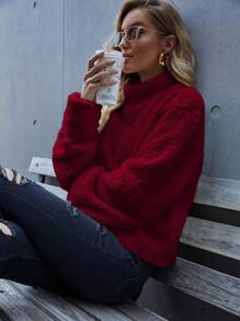 EMERY ROSE High Neck Drop Shoulder Teddy Sweatshirt - Burgundy - View 6