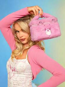 SHEIN X Care Bears 1pc Large Capacity Cute Pink Plush Care Cheer Bear Cartoon Design Cosmetic Bag With Handle, Gift