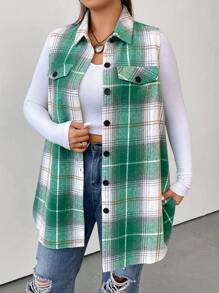 SHEIN LUNE Plus Plaid Print Flap Detail Vest Coat - Green - View 5