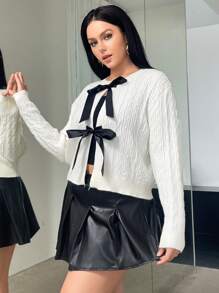 SHEIN Privé Plus Bow Front Drop Shoulder Cable Knit Cardigan In Fall/Winter - White - View 5