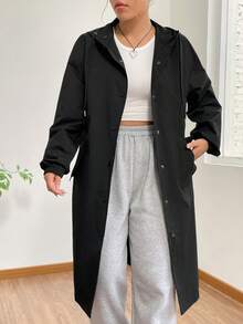 SHEIN EZwear Drop Shoulder Drawstring Hooded Button Front Drawstring Hooded Longline Coat - Black - View 2