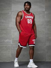 Manfinity VCAY Men Plus Letter Graphic Striped Trim Tank Top & Shorts - Red - View 6