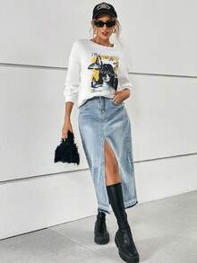 SHEIN Essnce 數字和字母圖形落肩運動衫 - 白色 - 查看 5