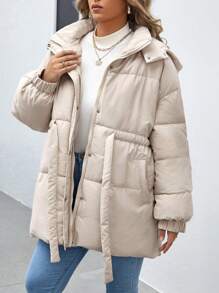 SHEIN Frenchy Plus Drop Shoulder Drawstring Waist Hooded Padded Coat - Apricot - View 4