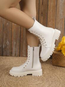 女士时尚靴子，高帮靴/秋冬靴子，系带和侧拉链设计，米色和白色，休闲和度假厚底靴子 - 米色 - 查看 5