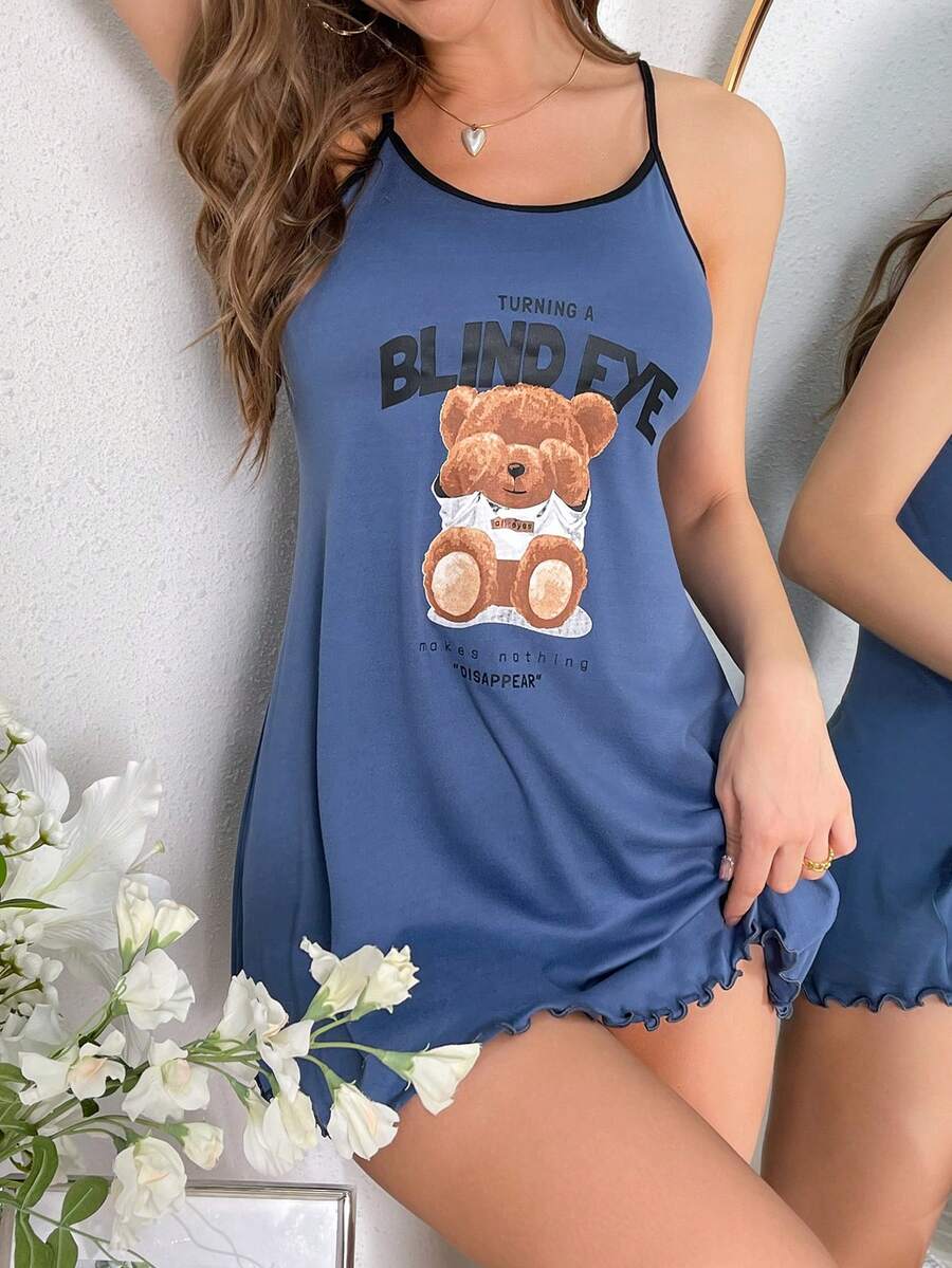 Bear & Slogan Graphic Lettuce Trim Cami Nightdress - Dusty Blue - View 1