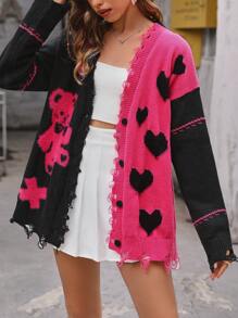 SHEIN Qutie Heart & Bear Pattern Drop Shoulder Distressed Trim Cardigan - Multicolor - View 2
