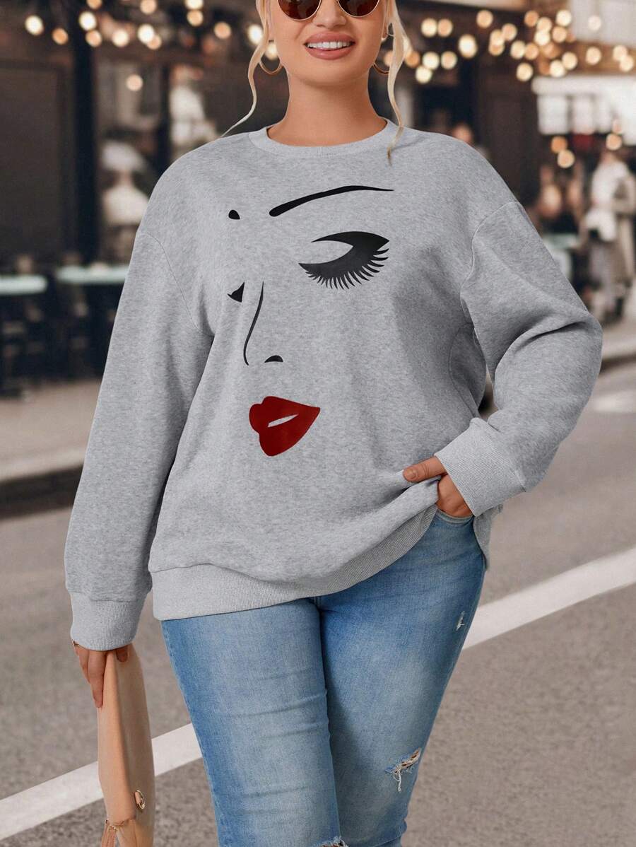 SHEIN LUNE 大码印花落肩卫衣，适合毕业季、返校季、教师节等场合，女士款，秋冬返校套头衫。 - 灰色 - 查看 1