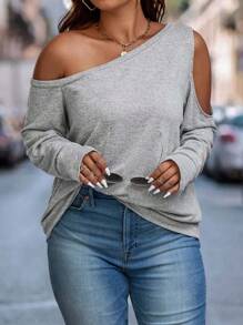 Calvaya 大碼不對稱領肩部挖空運動衫 - 灰色 - 查看 4