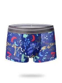 男士滿版印花條紋織帶腰平角內褲 - 藍色 - 查看 6