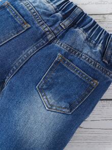 Baby Boy Elastic Waist Ripped Roll Hem Jeans - Medium Wash - View 6