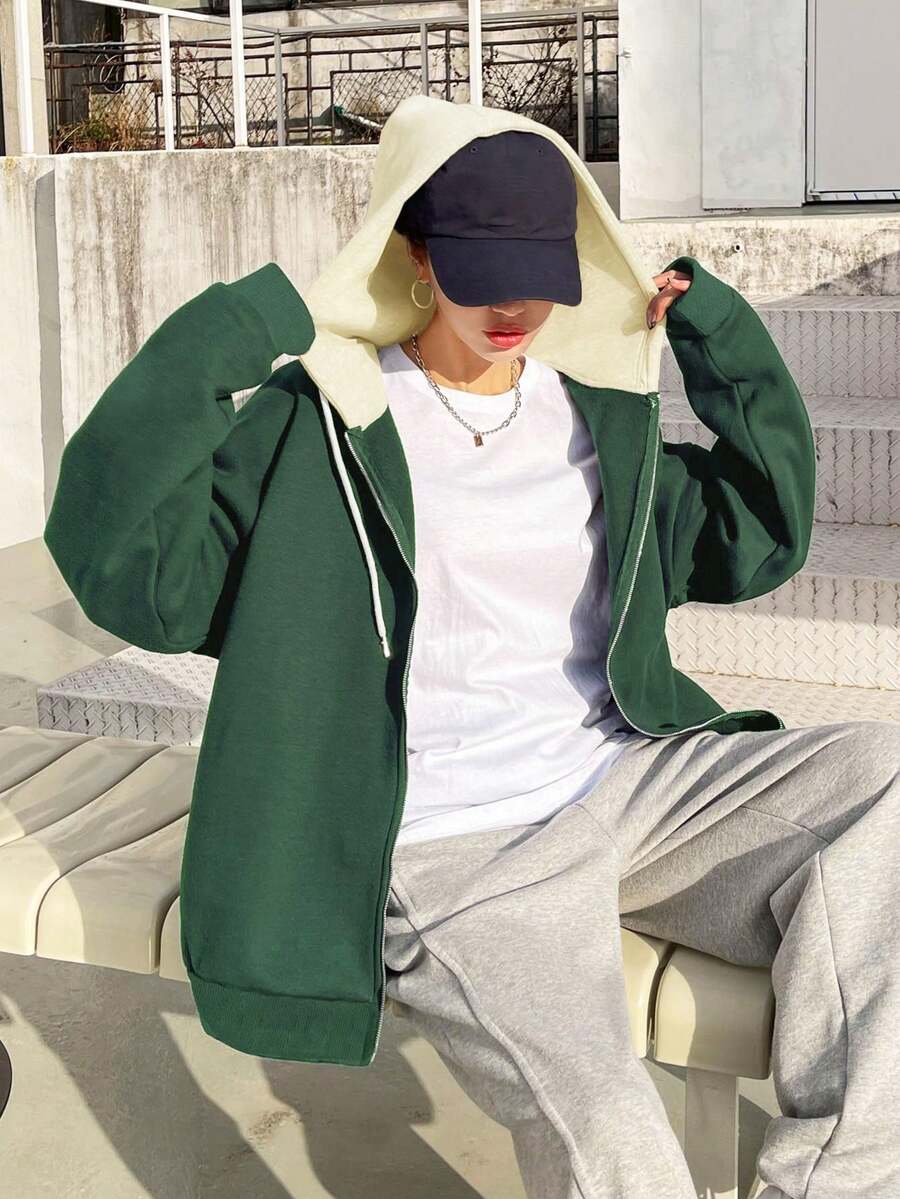 DAZY 落肩抽繩拉鍊保暖襯裡連帽衫 - 軍綠色 - 查看 1