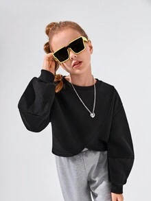 SHEIN 女大童素色圍裹下擺運動衫 - 黑色 - 查看 4