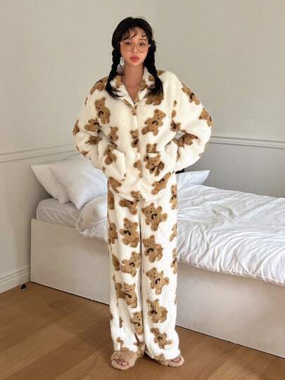 DAZY 熊图案落肩法兰绒家居服套装 白色 蓬松舒适 保暖内衬 秋冬服装