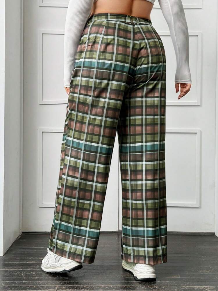 Plus Plaid Print Slant Pocket Pants Fall Cloth For Women