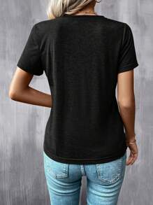 SHEIN LUNE Solid Button Detail Round Neck Short Sleeves Tee,Casual - Black - View 2