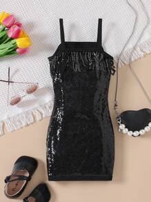 SHEIN 年輕女孩聖誕節亮片流蘇飾吊帶連身裙