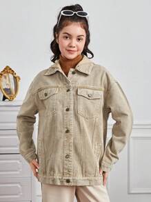 Teen Girl Flap Pocket Drop Shoulder Denim Jacket - Khaki - View 3
