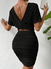 SHEIN Privé Twist Backless Ruched Bodycon Dress - Black - View 2