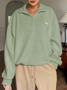 DAZY Letter Patched Half Zip Drop Shoulder Sweatshirt,Fall Women Clothes - Mint Green - View 3