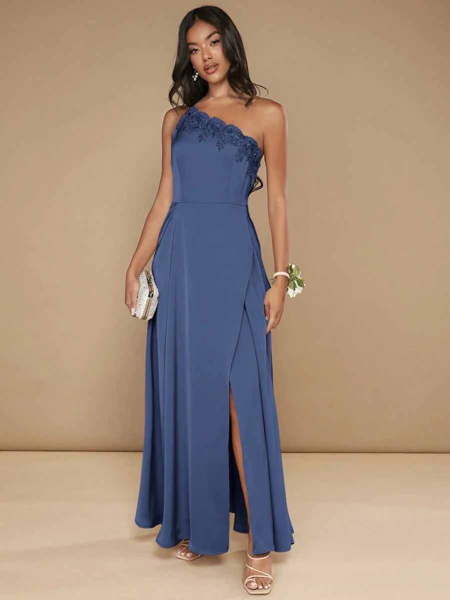 SHEIN Belle 一肩貼花細節開衩大腿伴娘禮服 - 霧霾藍 - 查看 1