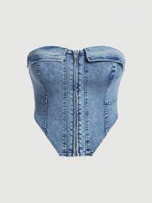 SHEIN MOD 大碼拉鏈開襟抹胸牛仔上衣 - 銀色 - 查看 1