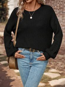 SHEIN LUNE 素色落肩袖套頭毛衣 - 黑色 - 查看 5