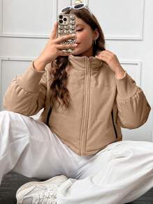 SHEIN EZwear 加大拉链落肩衬垫大衣 - 咖啡棕 - 查看 1
