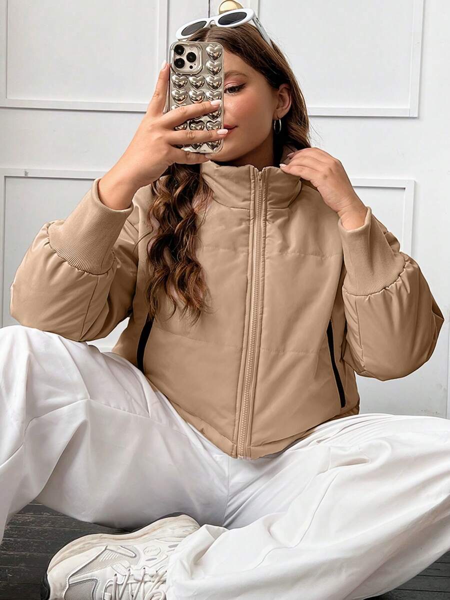 SHEIN EZwear 加大拉链落肩衬垫大衣 - 咖啡棕 - 查看 1