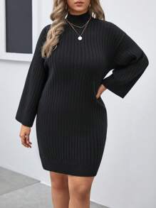 SHEIN Frenchy Plus Mock Neck Drop Shoulder Sweater Dress Without Belt - Black - View 5