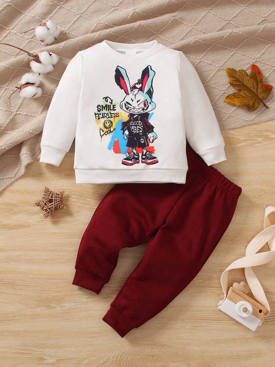 Baby Boy Rabbit Print Sweatshirt & Sweatpants - Red and White - View 1