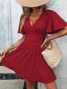 EMERY ROSE 深 V 领蝴蝶袖褶饰腰部连衣裙 酒红色女装