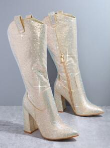 Metallic Rhinestone Decor Side Zipper Chunky Boots - Champagne - View 4